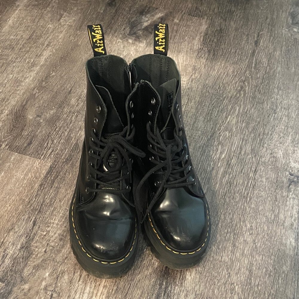 Jadon Boots Dr. Martens Black Leather 8-Eye Lace-Up Boots with Yellow Stitching